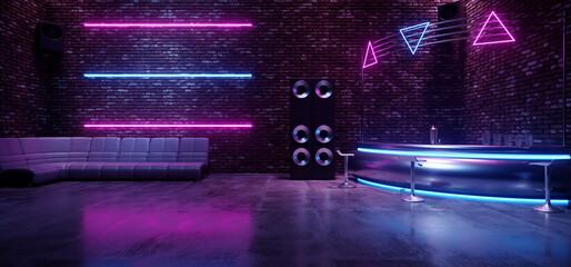 Sci Fi Neon Futuristic Retro Club Seat Chair Room Glowing Rectangle Lasers On Striped Wall Blue Purple Bar Gradient Vibrant Synth Wave Cyber Interior Stage Concrete Cement 3D Rendering