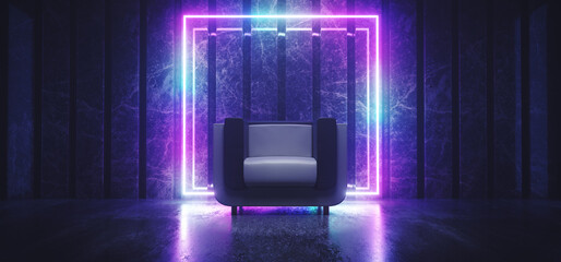 Sci Fi Neon Futuristic Club Seat Chair Lounge Room Glowing Rectangle Frame Blue Purple Gradient Vibrant Synth Wave Cyber Interior Stage Concrete Wood Materials 3D Rendering