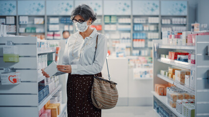 Pharmacy Drugstore: Portrait of Beautiful Latina Woman Wearing Protective Face Mask Choosing to Buy Medicine, Drugs, Vitamins. Professional Pharmacist in Pharma Store Shelves with Health Care Products