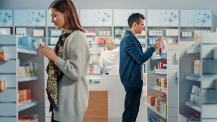 Obraz premium Pharmacy Drugstore: Diverse Group of Customers Browsing to Buy Medicine, Drugs, Vitamins, Supplements. Modern Pharma Store, Shelves full of Health Care, Welness, Beauty, Cosmetics Products
