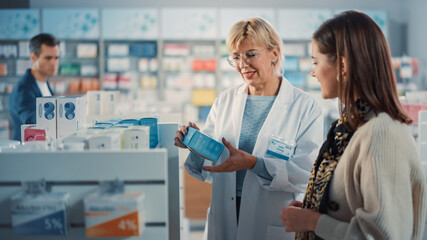 Pharmacy Drugstore: Diverse Group of Customers Searching to Buy Prescription Medicine, Drugs,...