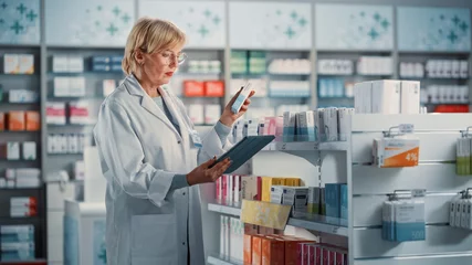 Foto op Canvas Pharmacy Drugstore: Mature Experienced Female Farmacist Uses Digital Tablet Computer to Arrange, Inventory, Check Medicine, Drugs, Vitamins on a Shelf. Medical Professional in Pharma Shop © Gorodenkoff