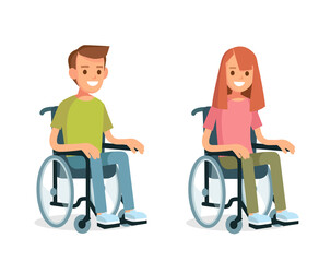 Vector cute young diseased couple man and woman with disabilities sit in wheelchairs. Handicapped person. Disabled people. Sufferer, ill, painful.