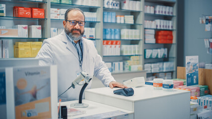 Pharmacy Drugstore Checkout Cashier Counter: Portrait of Experienced Latin Pharmacist Using Computer, Looks at the Camera Smilingly. Pharma Store with Medicine, Drugs, Vitamins, Health Care Products