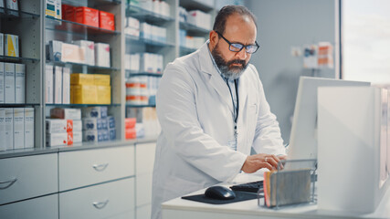 Pharmacy Drugstore: Portrait of Experienced Latin Pharmacist Using Personal Computer, to Check Stock Inventory of Medicine, Drugs, Vitamins, Health Care Products. Professional Expert Working