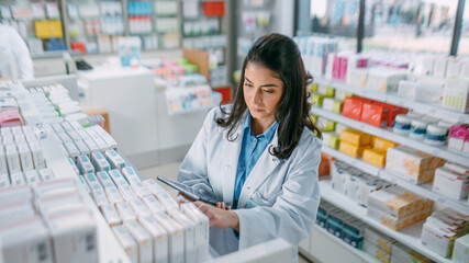 Pharmacy Drugstore: Beautiful Latina Pharmacist Uses Digital Tablet Computer, Checks Inventory of...