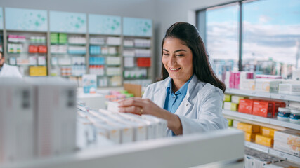 Pharmacy Drugstore: Portrait of Beautiful Latina Pharmacist Wearing White Coat Arranges Medicine,...