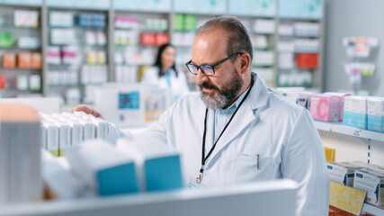 Pharmacy Drugstore: Portrait Shot of Senior Experienced Latin Pharmacist Checks Inventory of Medicine, Drugs, Vitamins, Health Care Products on a Shelf. Professional Experts Working