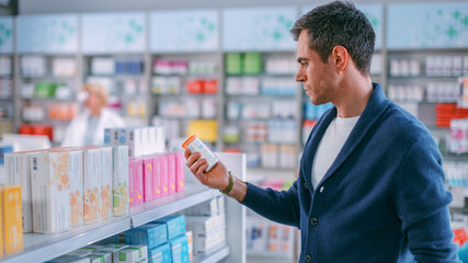 Pharmacy Drugstore: Portrait of Handsome Young Man Holding Box with Best Suitable Medicine, Drugs,...