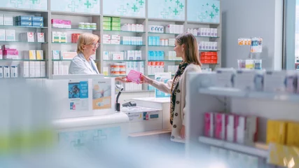 Papier Peint photo Pharmacie Comptoir de caisse de pharmacie de pharmacie : une pharmacienne mature remet une boîte rose avec un remède à une cliente qui achète des médicaments sur ordonnance, des vitamines, de la beauté et des produits de santé.