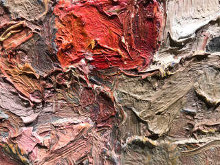 bright, multicolored texture with a red spot in the center. acrylic paint on canvas. palette, stains of paint mixed with water. the texture is heterogeneous, voluminous. the background