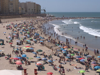 General view of the urban beach of Santa Maria del Mar, in the city of Cadiz, in a summer day