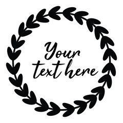 Obraz premium Simple round floral leaves doodle frame. With the copy space, place for your text. Minimalist black and white, ink vector illustration isolated on white background. Clip art element for design