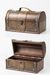 pirate chest treasure isolated on white background - chest box in opened chest box, closed chest box storage