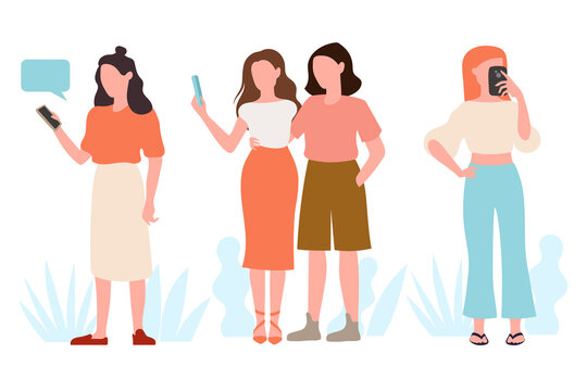 Modern girls communicate on social networks and take selfies. A set of scenes. Flat vector cartoon illustration.
