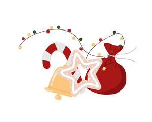 Christmas print for the design of cards and t-shirts, posters for the holiday. gift bag, gingerbread, bell, garland, lollipop