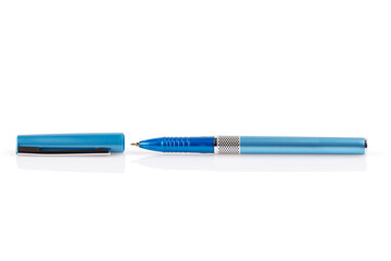 Side view of a blue ballpoint pen, isolated on a white background. Close-up.