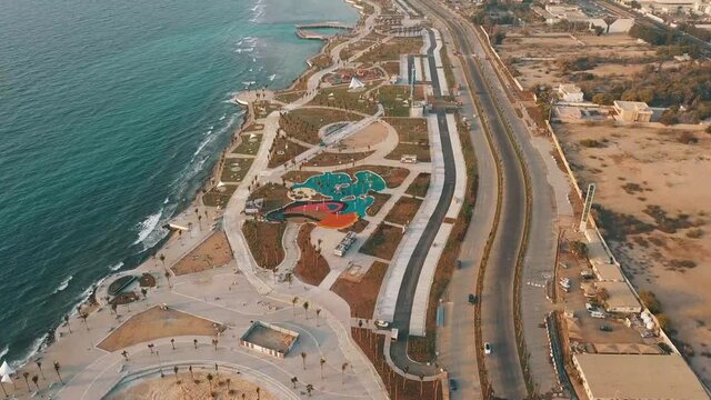 Saudi Arabia, Jeddah Northern Corniche Drone Shot 4K Video