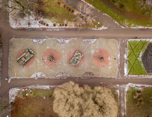 Aerial drone view. Tanks in the park in winter