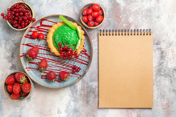 top view yummy creamy cake with fresh fruits on light background cake biscuit dessert sweet