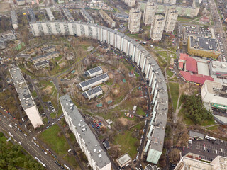 Aerial drone view. Long semicircular house in Kiev.