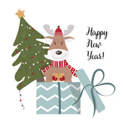 christmas greeting card with deer and fir tree. New Year's drawing with gifts. print for the design of postcards, posters and notebooks. children's drawing.