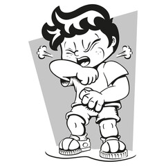 Illustration child with tuft, with cough symptom, Art line black. Ideal for health and institutional newsletters