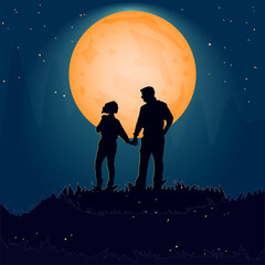 Silhouette couple man and woman holding hand together on hill under moonlight. Valentines Day. Happy Lovers. Romantic silhouette of loving couple in Valentines night. Stock vector illustration