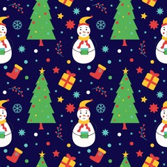 Seamless Christmas and New Year pattern. Snowman with decorative elements. Wrapping paper, textiles and wallpaper. Bright festive background. Vector illustration.