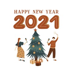 Happy New Year 2021 label. Guy and girl celebrate Christmas at cozy home. Cartoon characters. Vector family illustration.