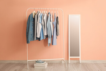 Clothes rack and mirror in interior of modern room