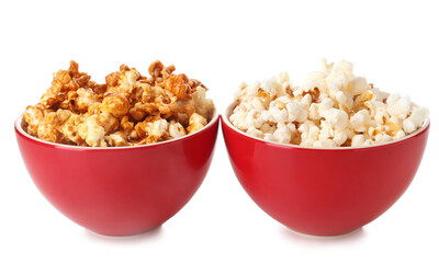 Bowls of popcorn isolated on white background
