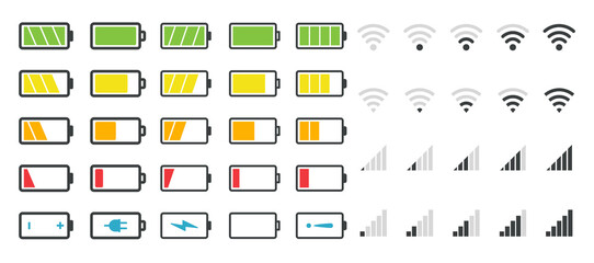Battery icons. Phone charge level. Vector set from low to full charging