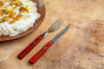 front view tasty dough slices with yogurt on light background dish pasta calorie