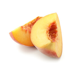 Pieces of ripe peach on white background