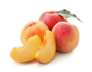 Sweet cut peaches on white background