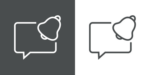 Aviso de nuevo mensaje. Logotipo con burbuja de habla con campana con lineas en fondo gris y fondo blanco © teracreonte