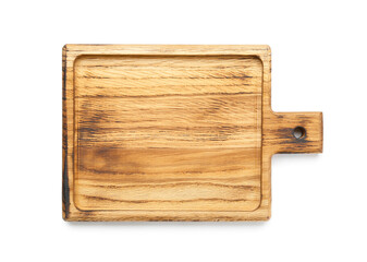 Wooden cutting board on white background