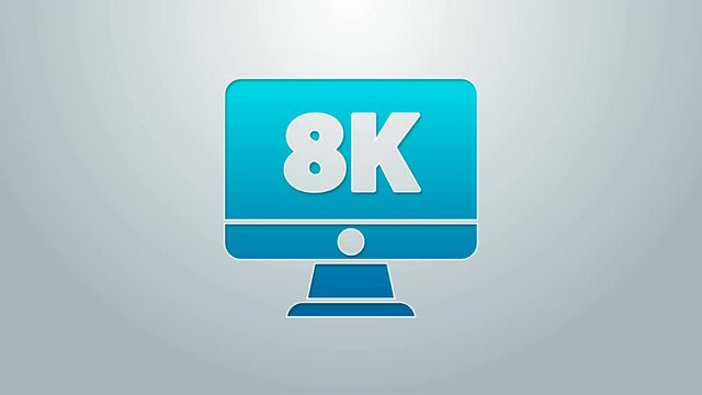 Blue line Computer PC monitor display with 8k video technology icon isolated on grey background. 4K Video motion graphic animation