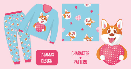 Pajama with corgi character print and simless pattern. Vector illustration, design template for home clothes