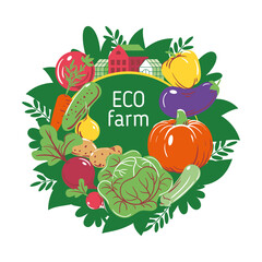 Eco farm concept with vegetables, leaves, farm house. Vector background, emblem, logo, lable, poster, card, banner