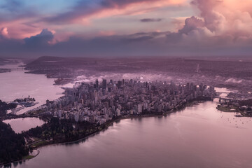 Downtown Vancouver, British Columbia, Canada. Aerial View of the Modern Urban City, Stanley Park, Harbour and Port. Viewed from Airplane Above. Colorful Sunset Artistic Render