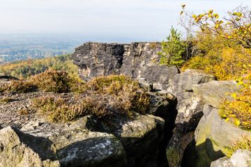 Autumn foggy morning in the deciduous forest. The low sun shines through the trees and fog and paints in the leaves and tall grass. Mountain landscape around the hill Decinsky Sneznik in northwestern 