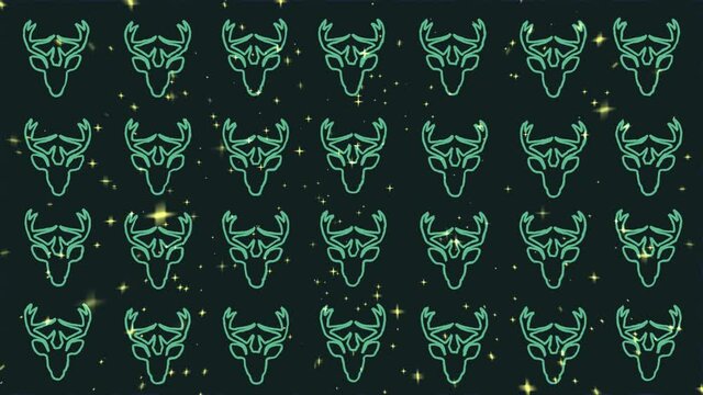 Sagome di renna disegno su sfondo verde scuro con stelle.