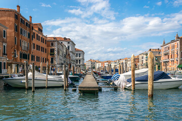 Italy, Venice. Grand canal for gondola in travel europe city. Old italian architecture with landmark bridge, romantic boat. Venezia.