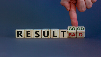 Good or bad result symbol. Hand turns cubes and changes words 'result bad' to 'result good'....
