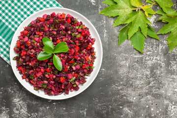 top view tasty vinaigrette beet salad inside plate on dark background health diet food meal