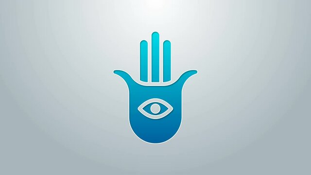 Blue line Hamsa hand icon isolated on grey background. Hand of Fatima - amulet, symbol of protection from devil eye. 4K Video motion graphic animation