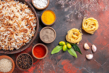 top view cooked rice with seasonings on dark background meal photo dish food