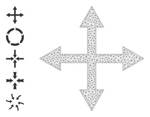 Mesh web expand arrows icon with simple structure created from expand arrows vector graphics. Carcass mesh polygonal expand arrows. Wire carcass 2D mesh in vector EPS format.